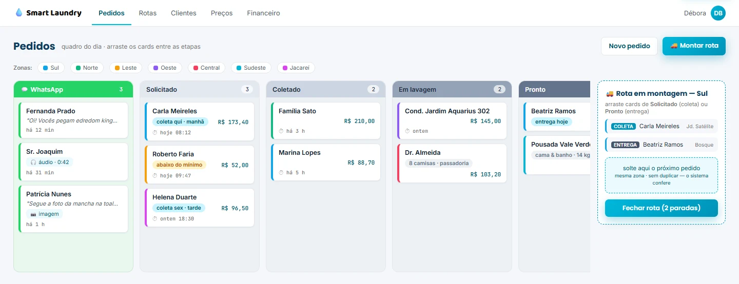 Tela de Pedidos do Smart Laundry, com dados fictícios